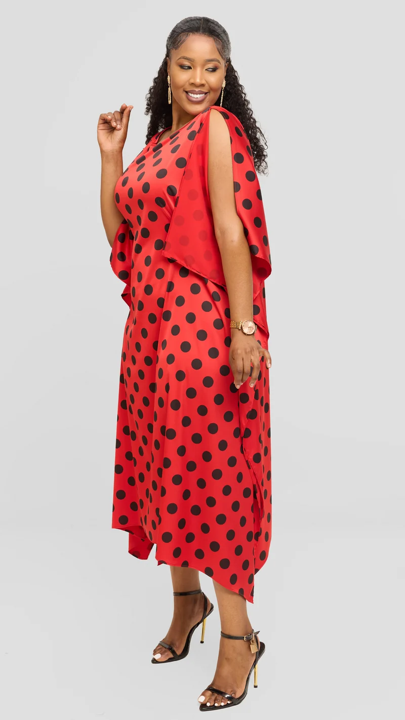 Vivo Maxi Kaftan in Satin - Red / Black Polka Print