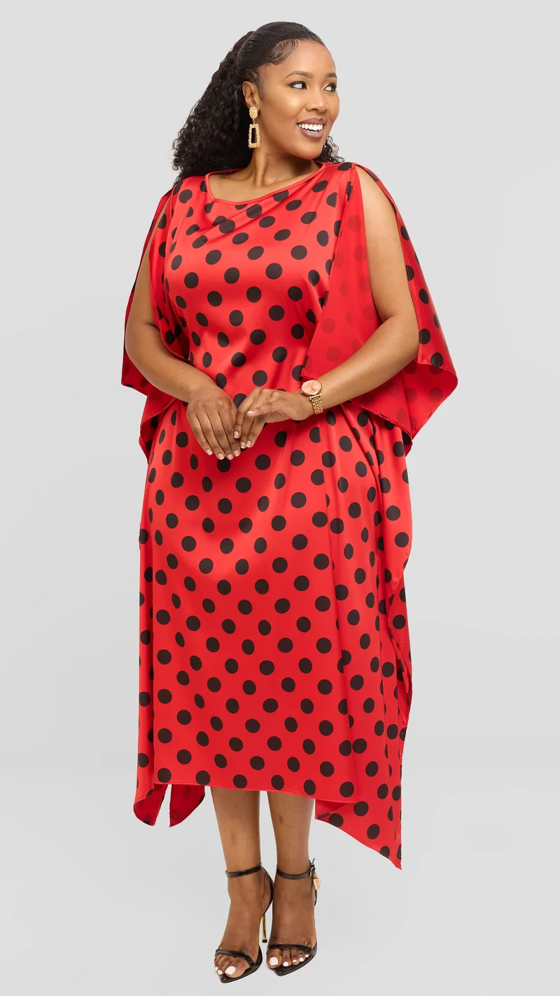 Vivo Maxi Kaftan in Satin - Red / Black Polka Print