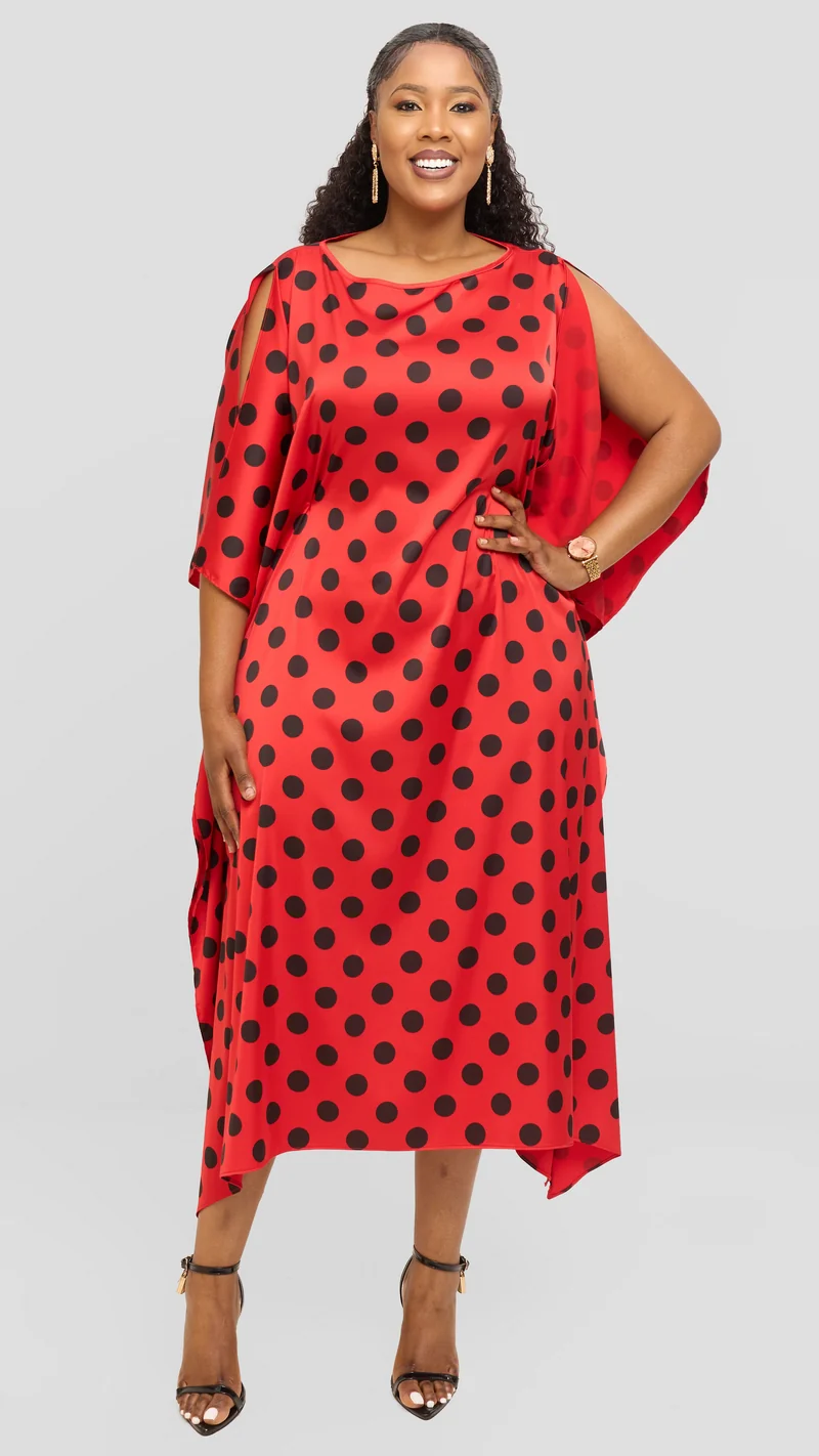 Vivo Maxi Kaftan in Satin - Red / Black Polka Print