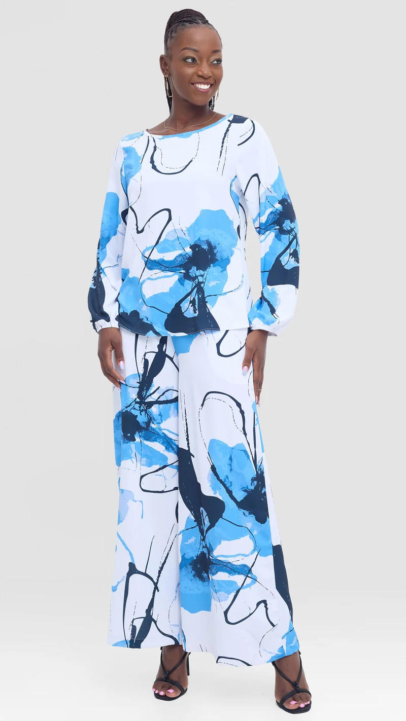 Vivo Basic Crepe Bishop Sleeve Top - White / Blue Rozi Print