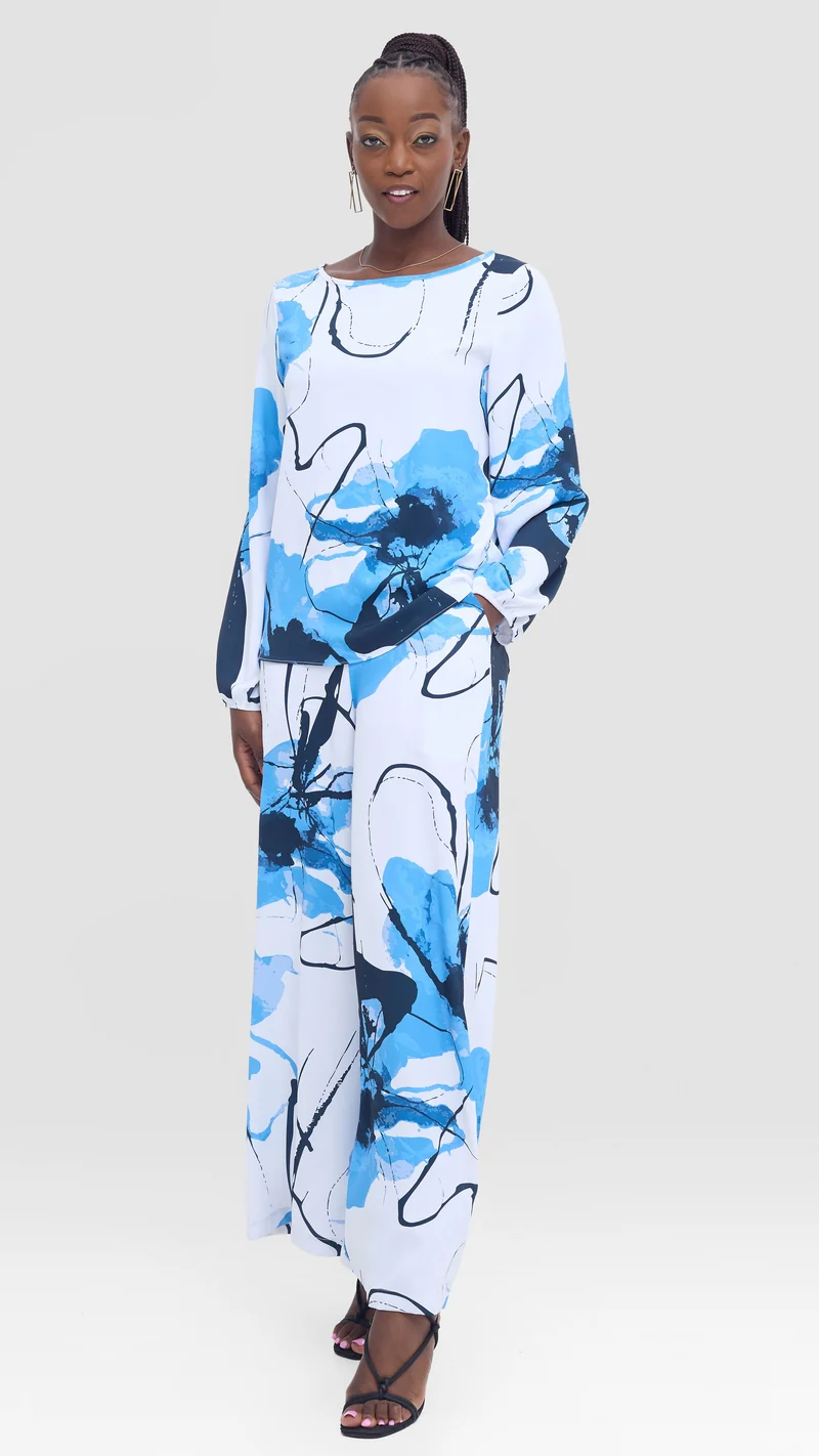 Vivo Basic Crepe Bishop Sleeve Top - White / Blue Rozi Print