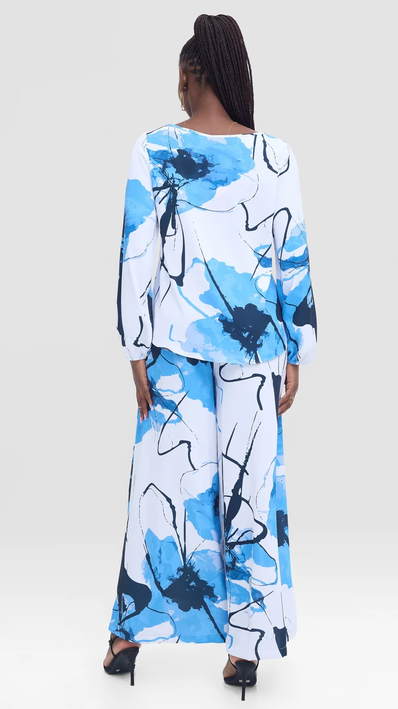 Vivo Basic Crepe Bishop Sleeve Top - White / Blue Rozi Print
