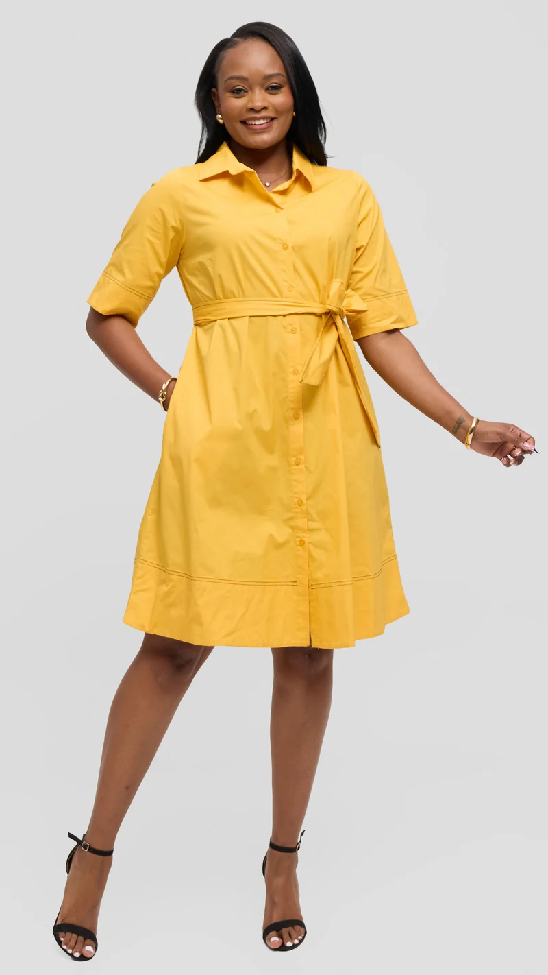 Vivo Lulu Contrast Stitch Tent Dress in Cotton - Yellow