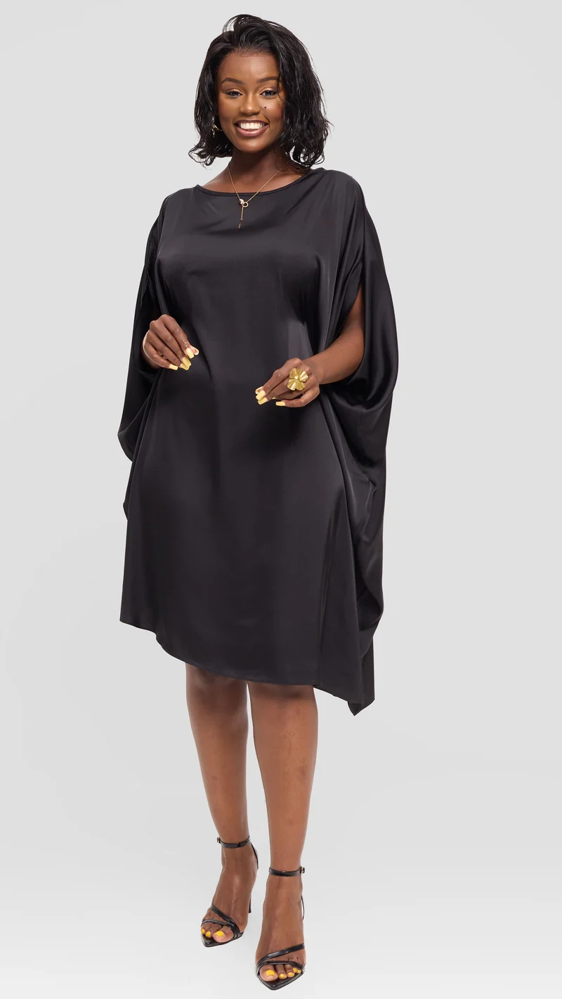 Vivo Asymmetrical Dolman Dress in Satin - Black
