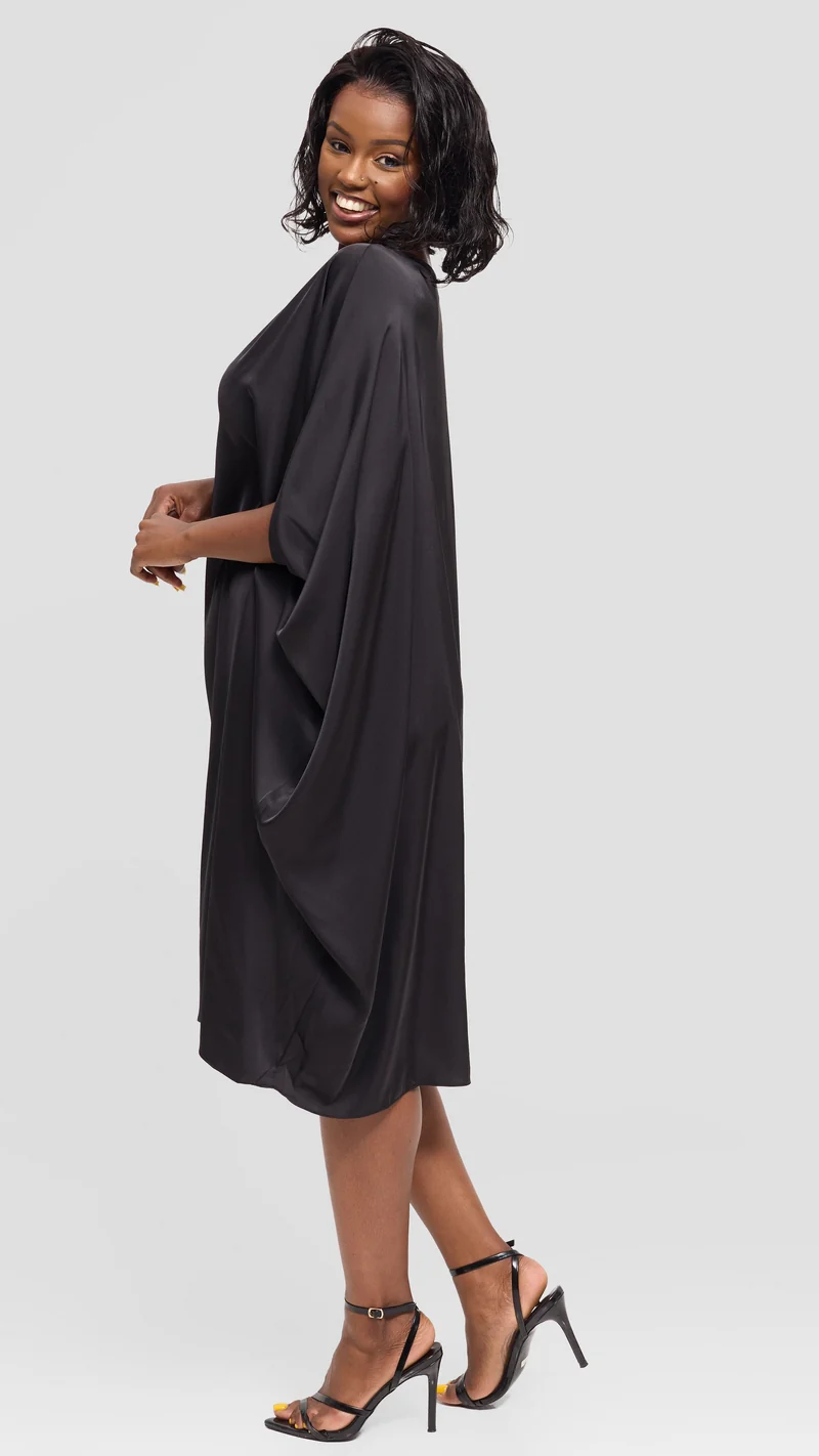 Vivo Asymmetrical Dolman Dress in Satin - Black