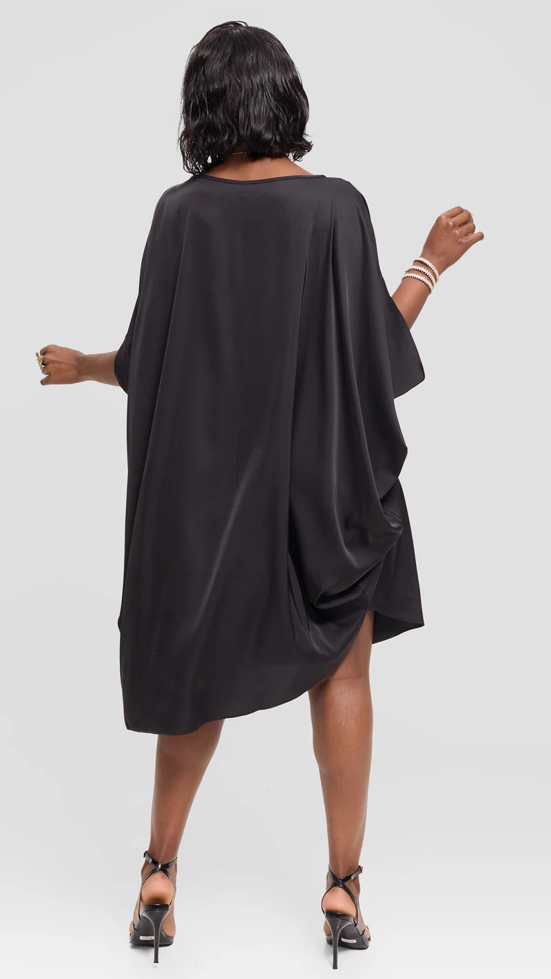 Vivo Asymmetrical Dolman Dress in Satin - Black