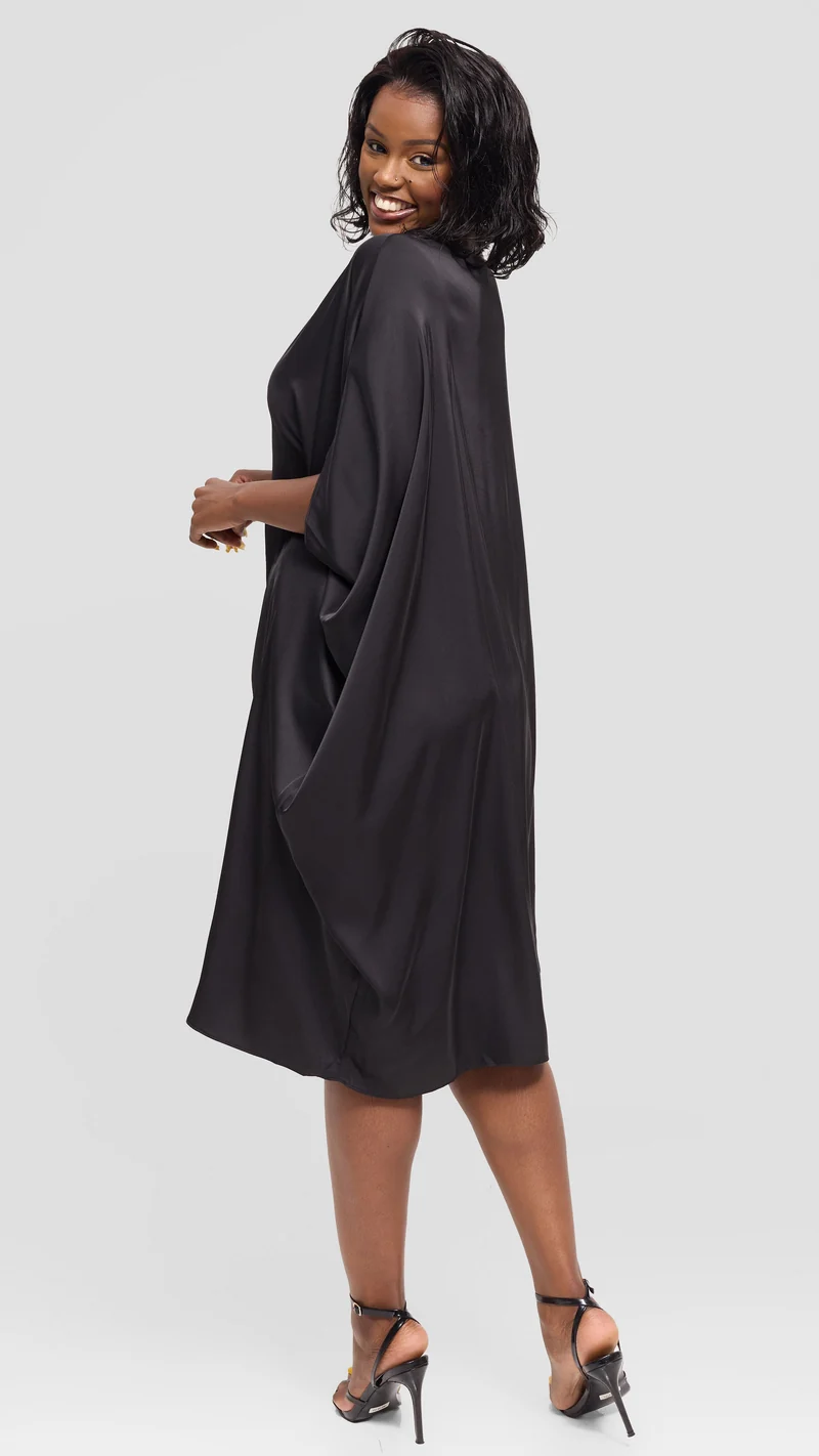 Vivo Asymmetrical Dolman Dress in Satin - Black