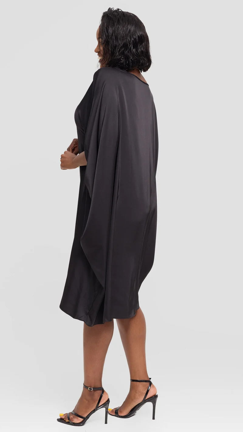 Vivo Asymmetrical Dolman Dress in Satin - Black
