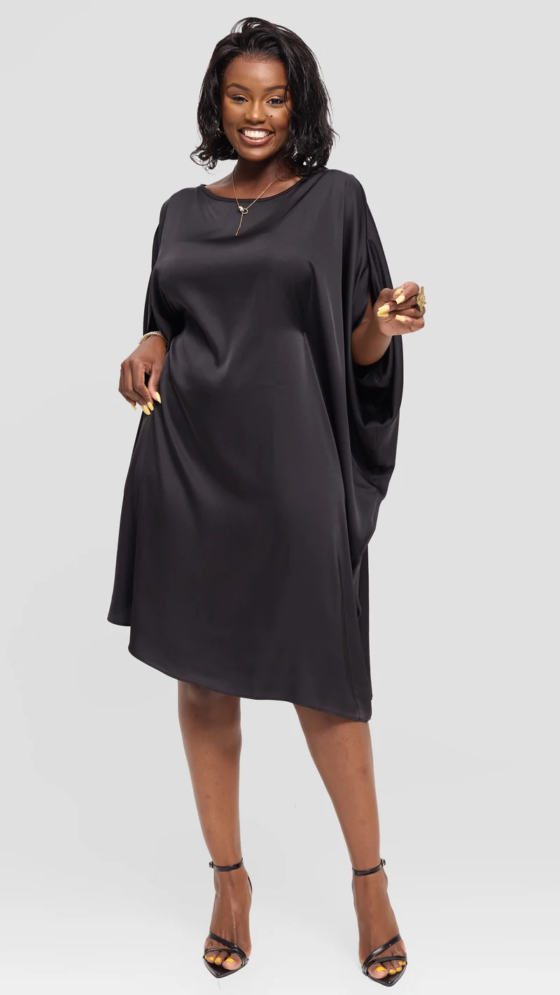 Vivo Asymmetrical Dolman Dress in Satin - Black