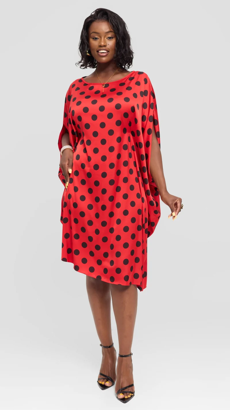 Vivo Asymmetrical Dolman Dress in Satin - Red / Black Polka Dot