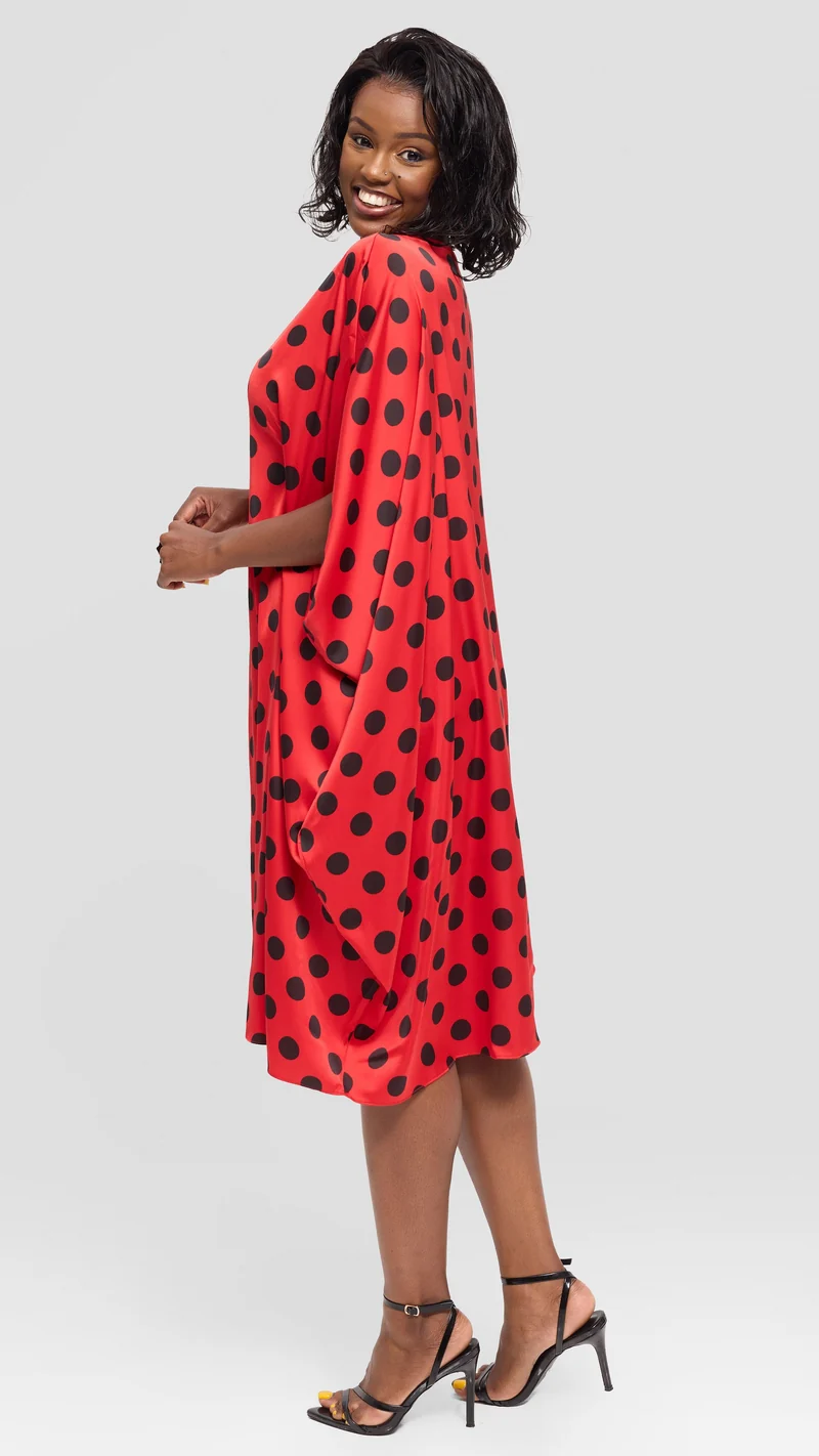 Vivo Asymmetrical Dolman Dress in Satin - Red / Black Polka Dot