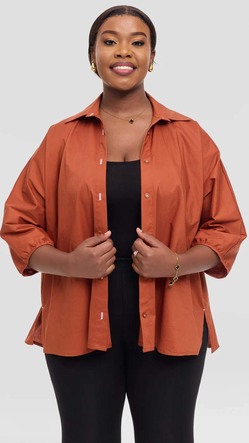 Vivo Back Pleat Loose Top in Cotton - Rust