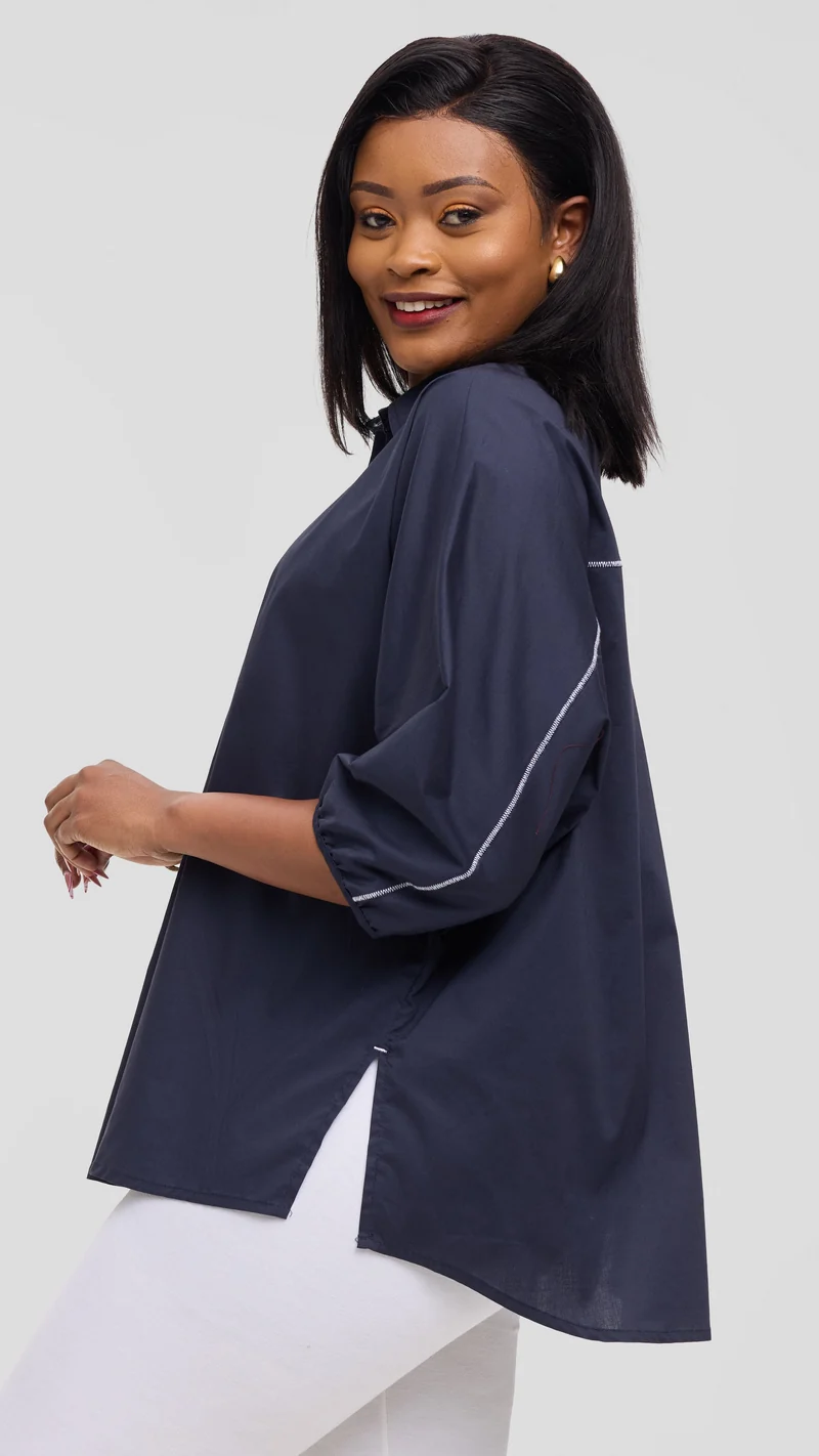 Vivo Back Pleat Loose Top in Cotton - Dark Navy