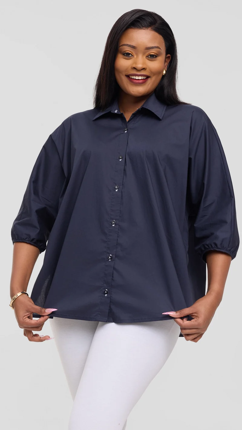 Vivo Back Pleat Loose Top in Cotton - Dark Navy