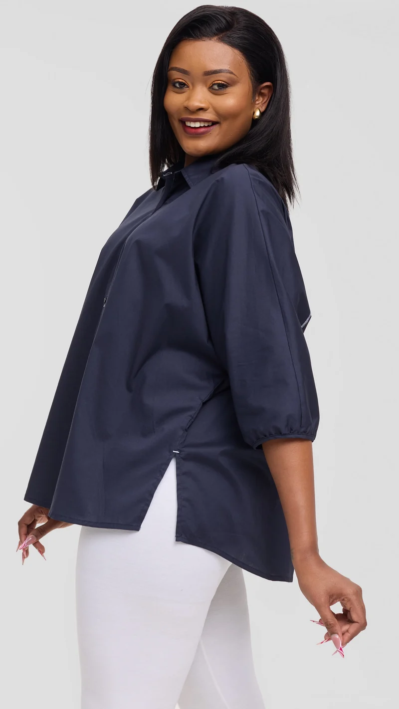 Vivo Back Pleat Loose Top in Cotton - Dark Navy