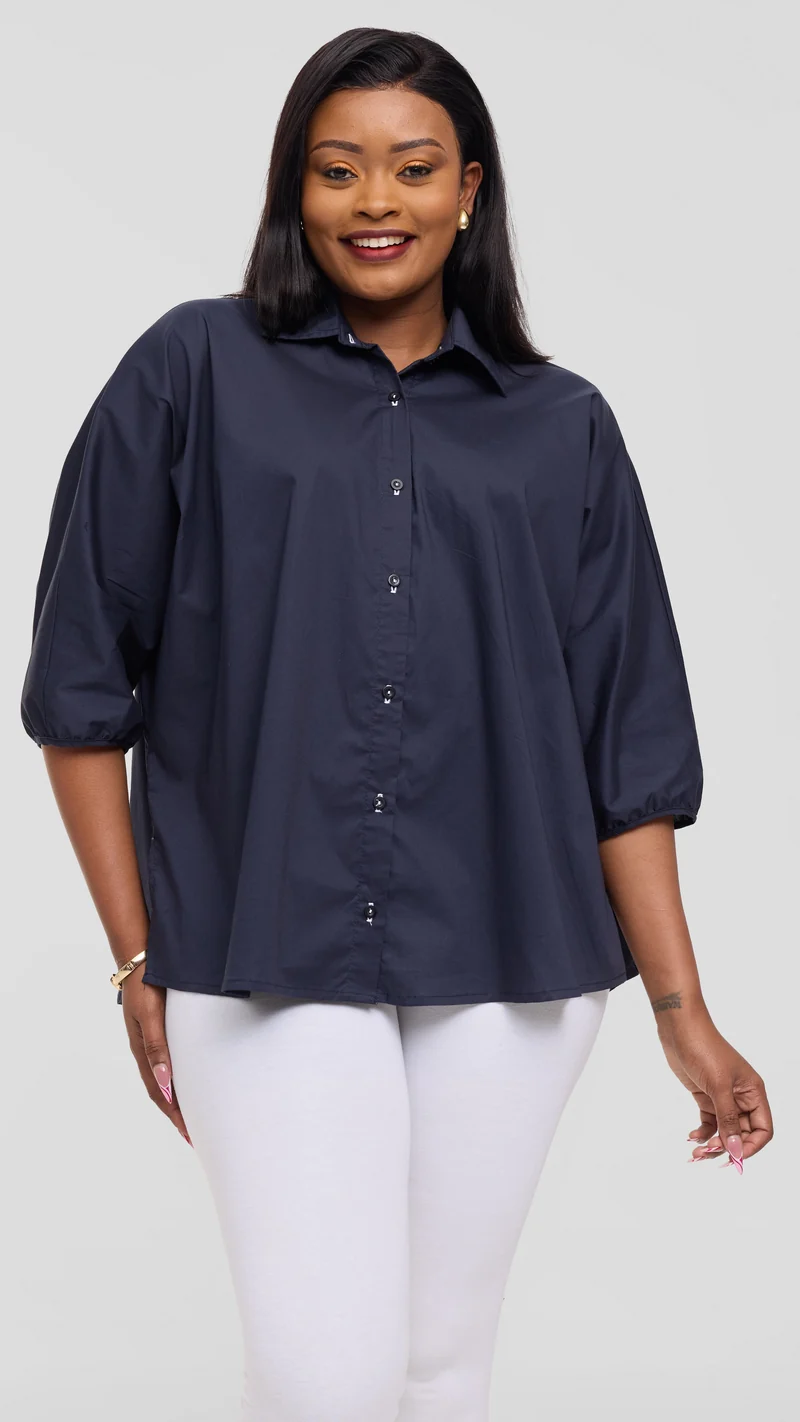 Vivo Back Pleat Loose Top in Cotton - Dark Navy