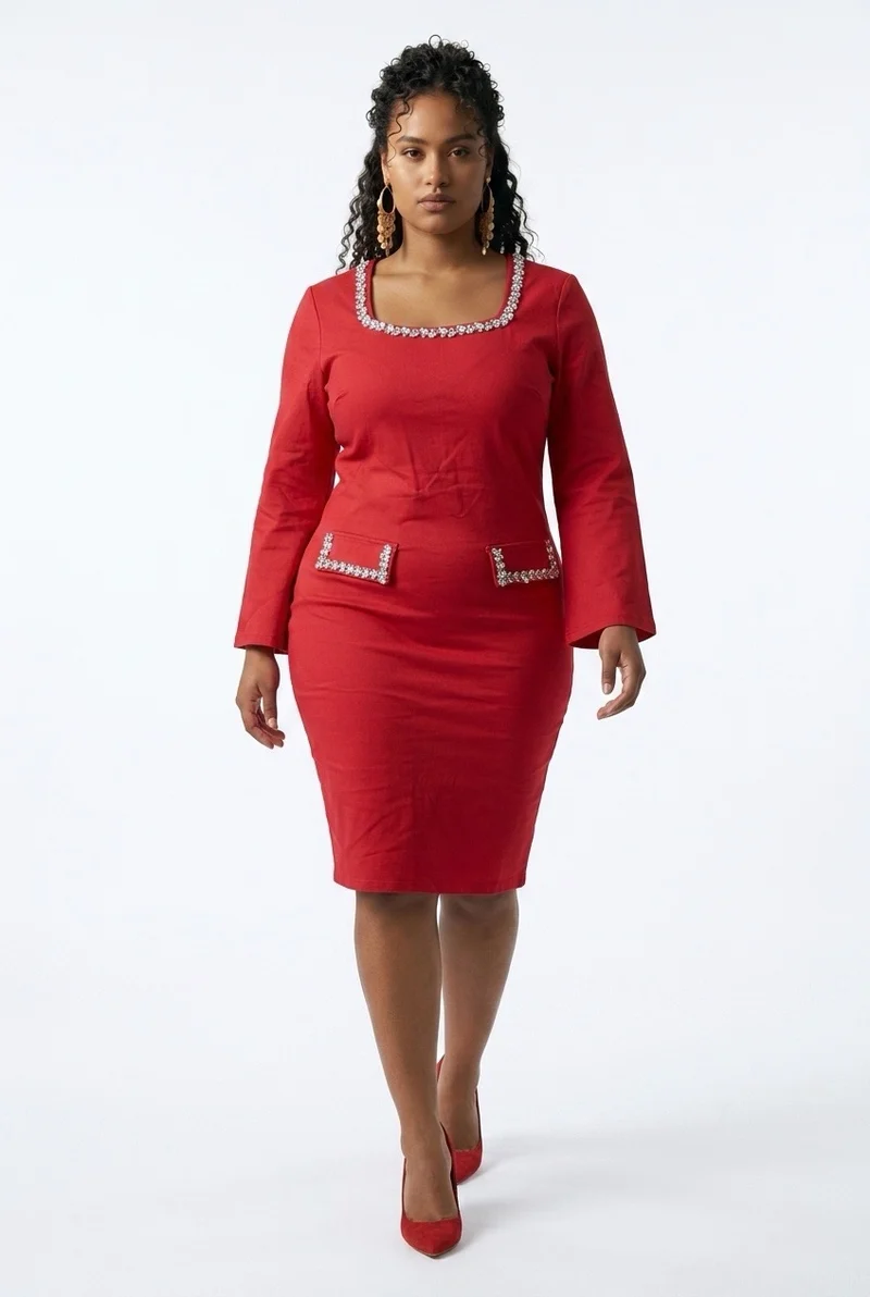 Stylish Sisters Rhinestone Trim Square-Neck Bodycon Dress - Red