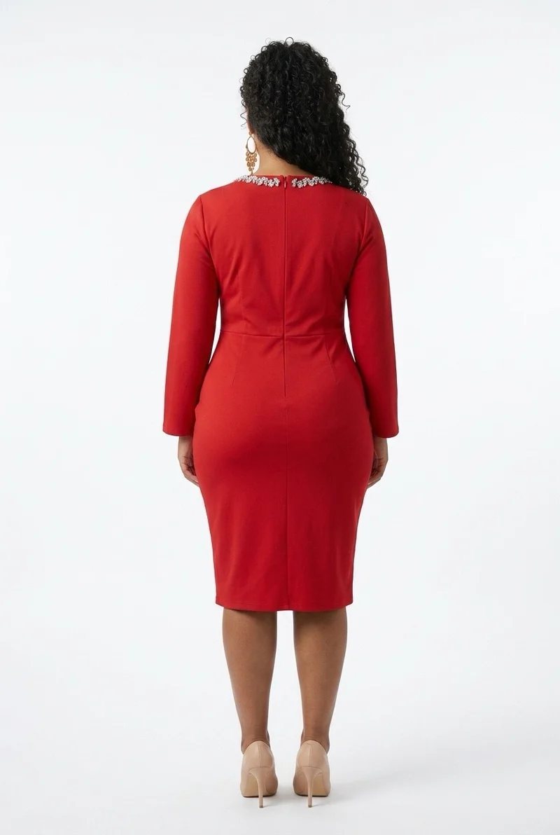 Stylish Sisters Rhinestone Trim Square-Neck Bodycon Dress - Red