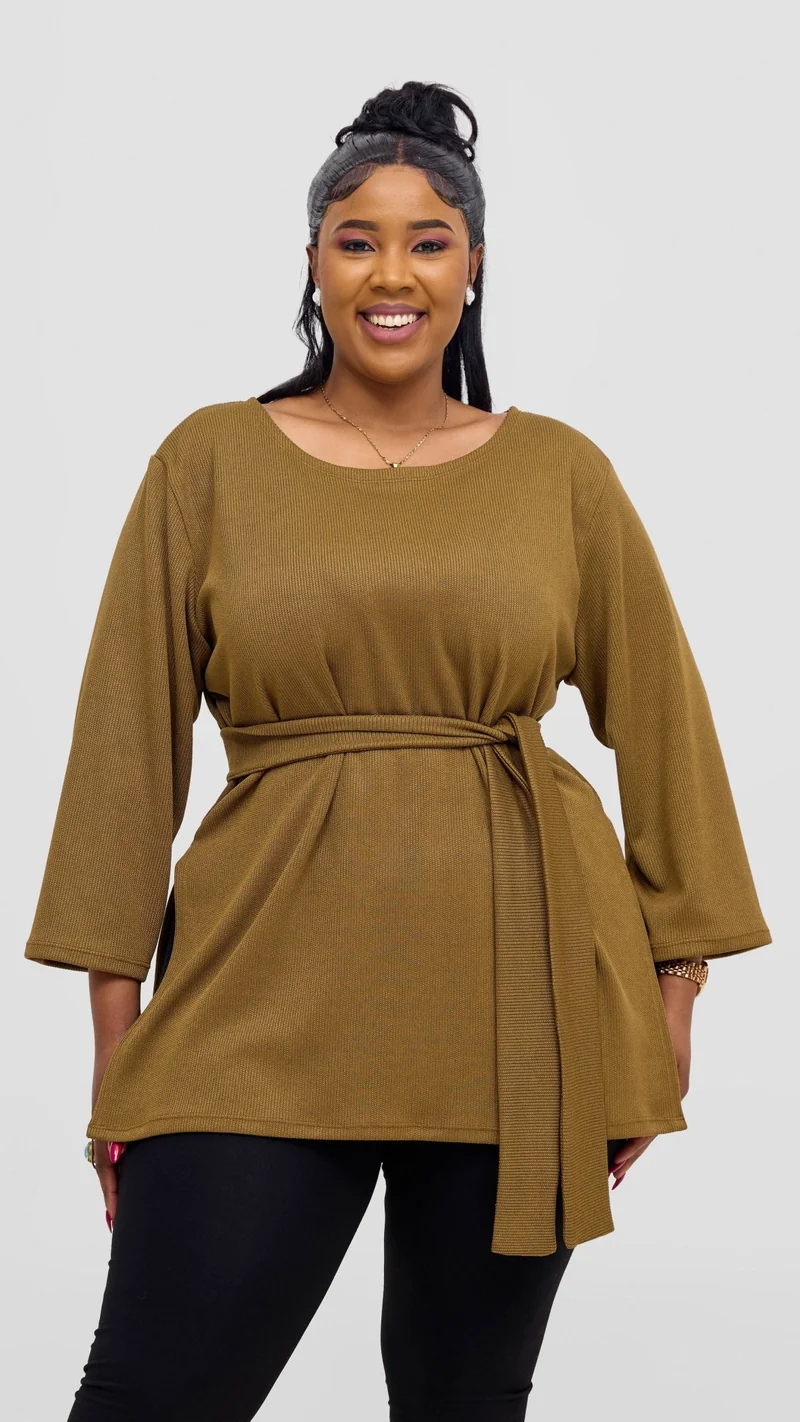 Vivo Rema 3/4 Sleeve Side Slit Tunic Top - Dark Olive
