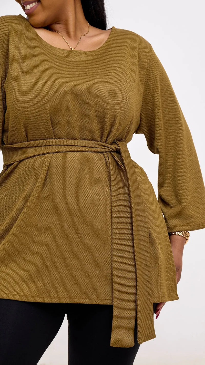 Vivo Rema 3/4 Sleeve Side Slit Tunic Top - Dark Olive