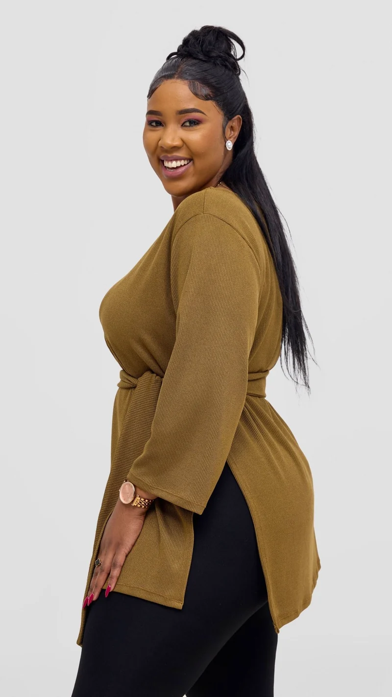 Vivo Rema 3/4 Sleeve Side Slit Tunic Top - Dark Olive