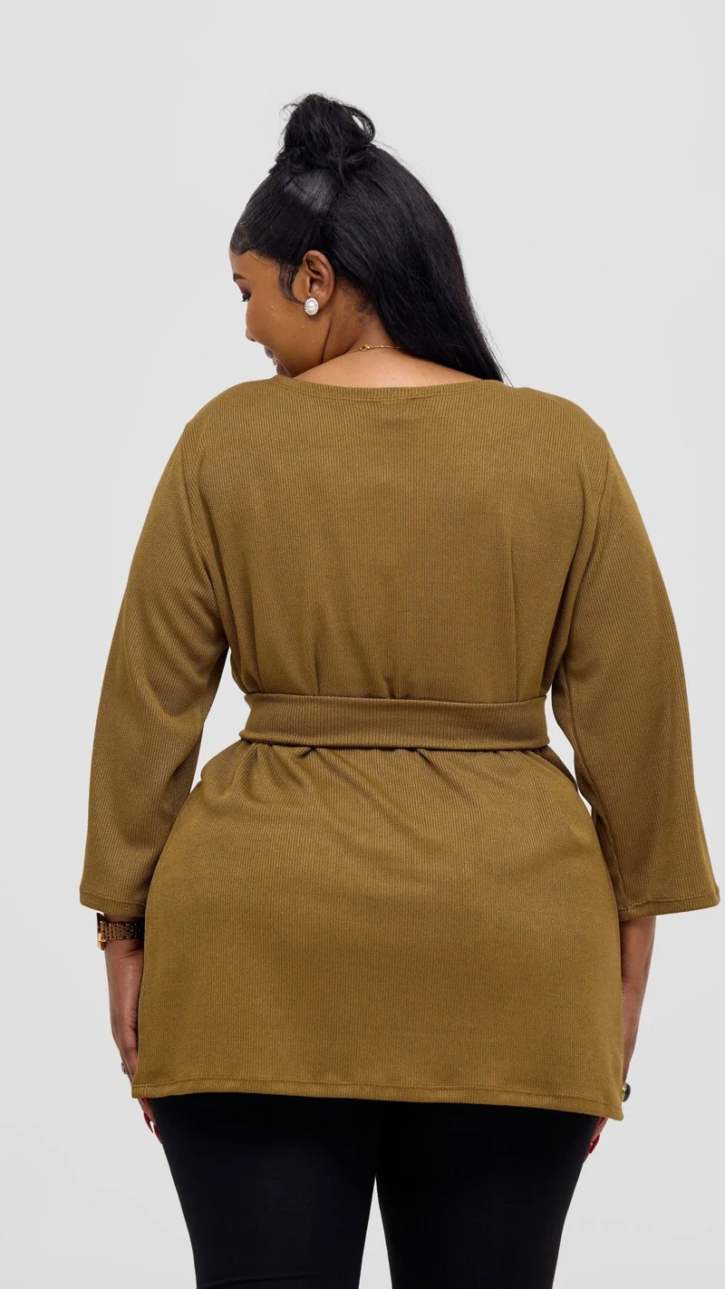 Vivo Rema 3/4 Sleeve Side Slit Tunic Top - Dark Olive