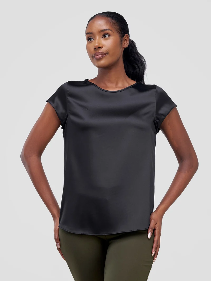 Vivo Basic Cap Sleeve Top in Satin - Black