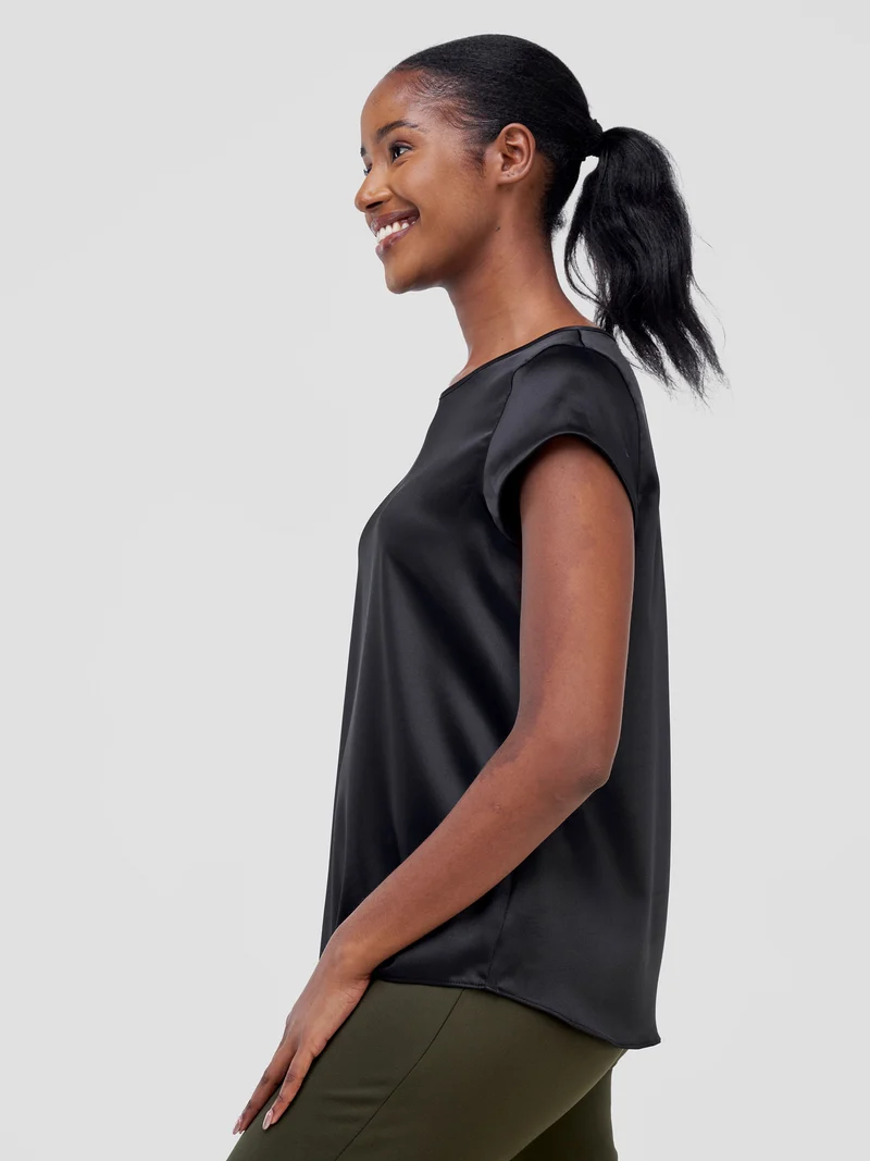 Vivo Basic Cap Sleeve Top in Satin - Black