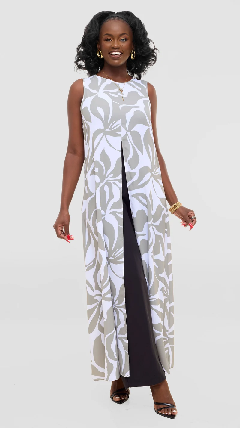 Vivo Talia Front Slit Maxi Top - White / Light Olive Alia Print