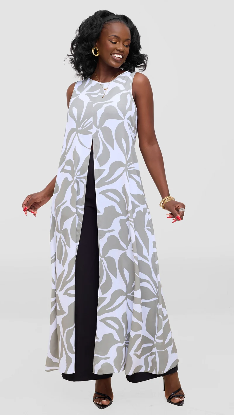 Vivo Talia Front Slit Maxi Top - White / Light Olive Alia Print