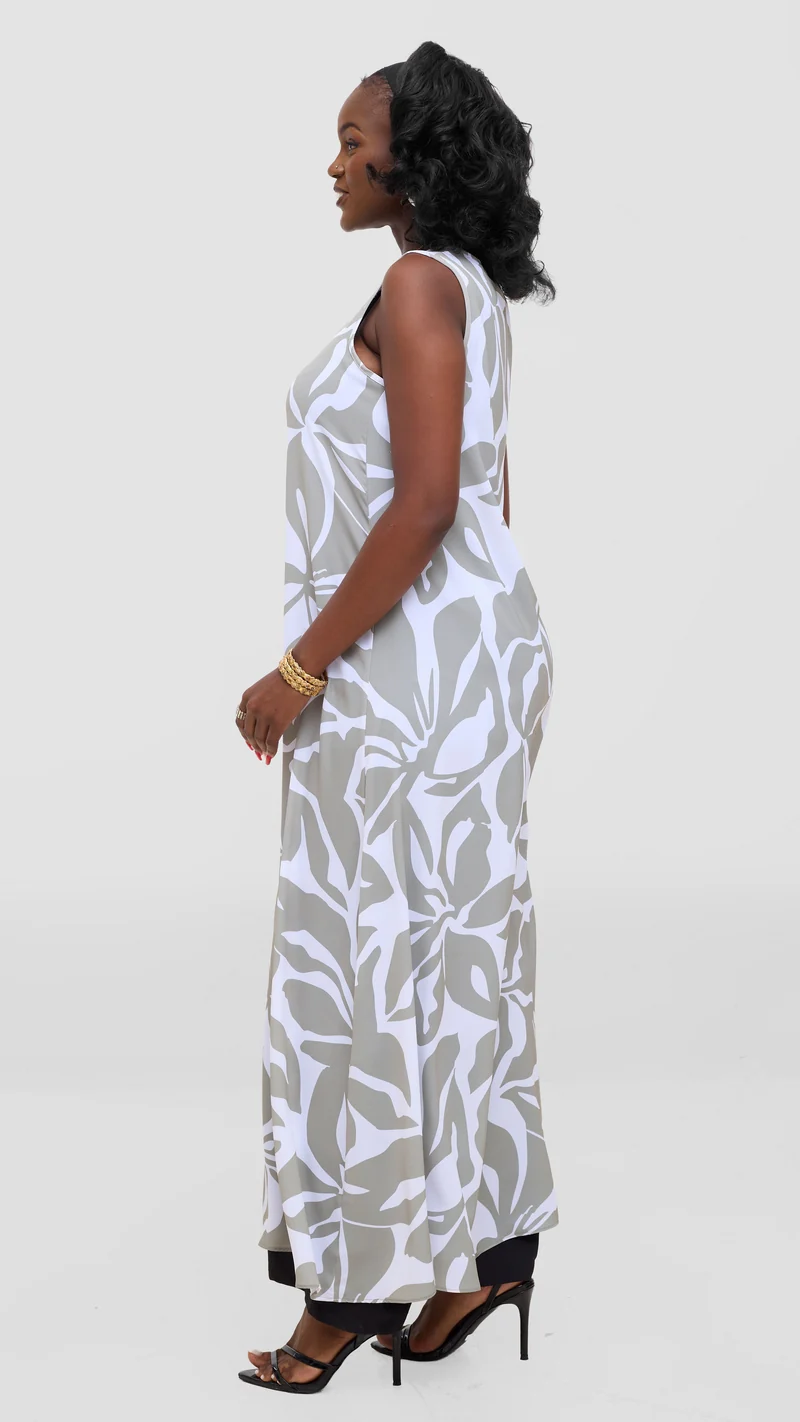 Vivo Talia Front Slit Maxi Top - White / Light Olive Alia Print