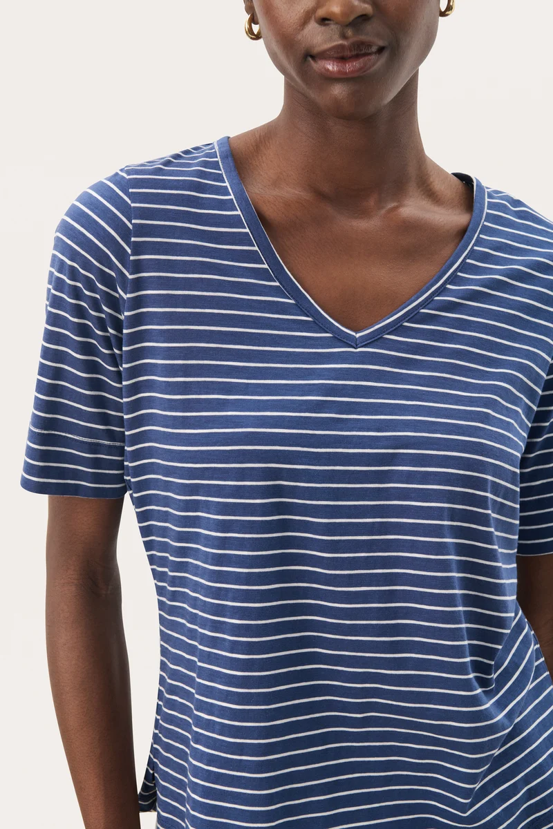 T-shirt rayé en coton avec col V Curlia