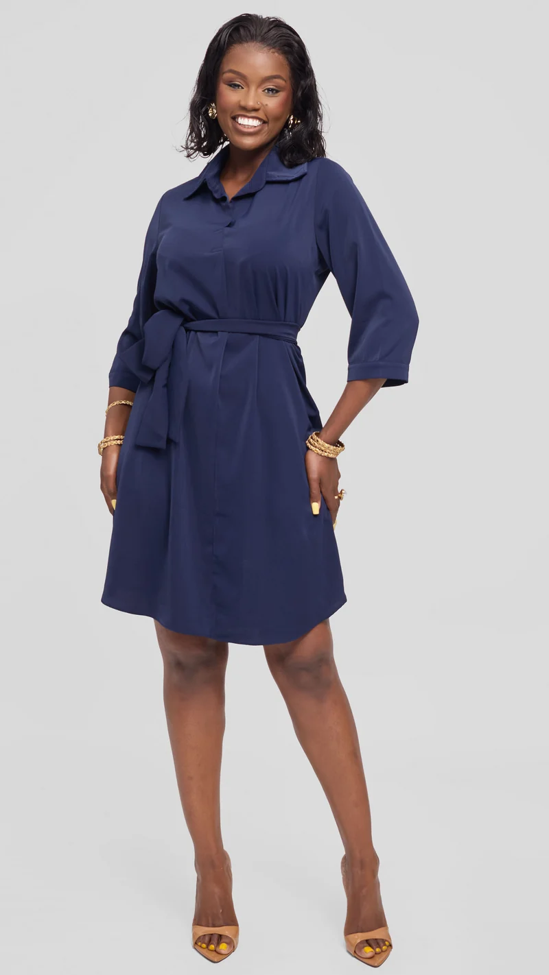 Vivo Asha Sleeveless Knee Length Dress in Twill - Navy
