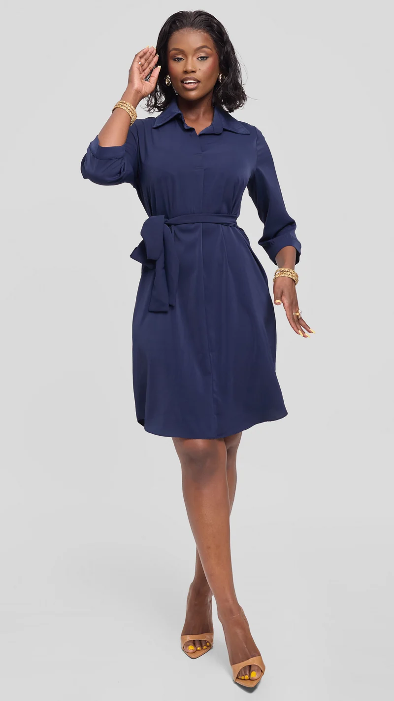 Vivo Asha Sleeveless Knee Length Dress in Twill - Navy