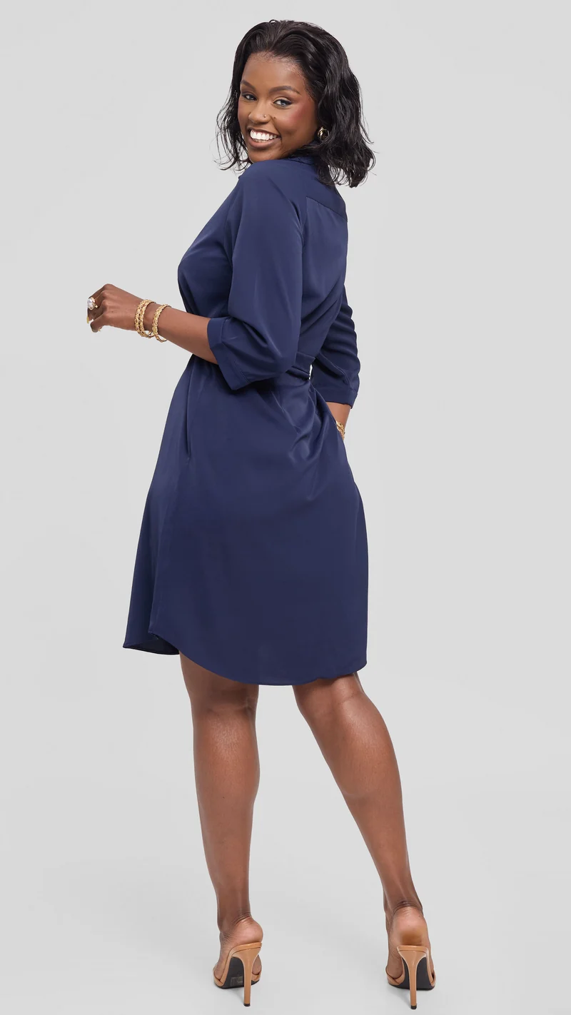 Vivo Asha Sleeveless Knee Length Dress in Twill - Navy