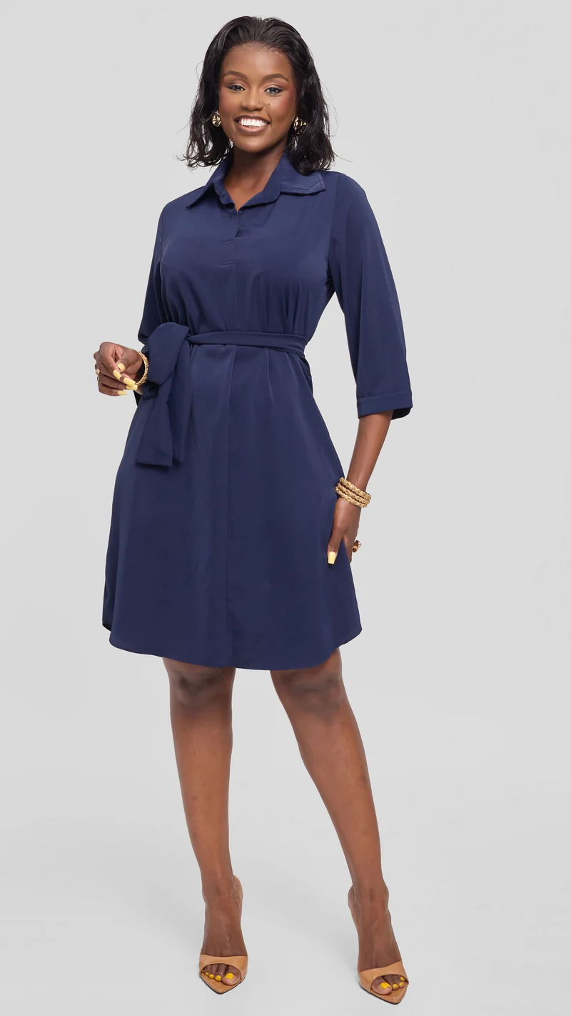 Vivo Asha Sleeveless Knee Length Dress in Twill - Navy