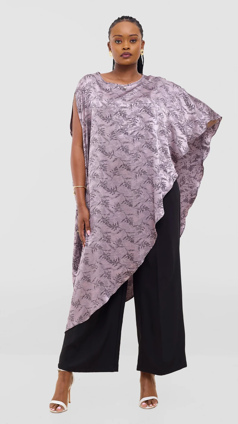 Vivo Liora Asymmetrical Kaftan Top in Satin - Taupe Textured Print