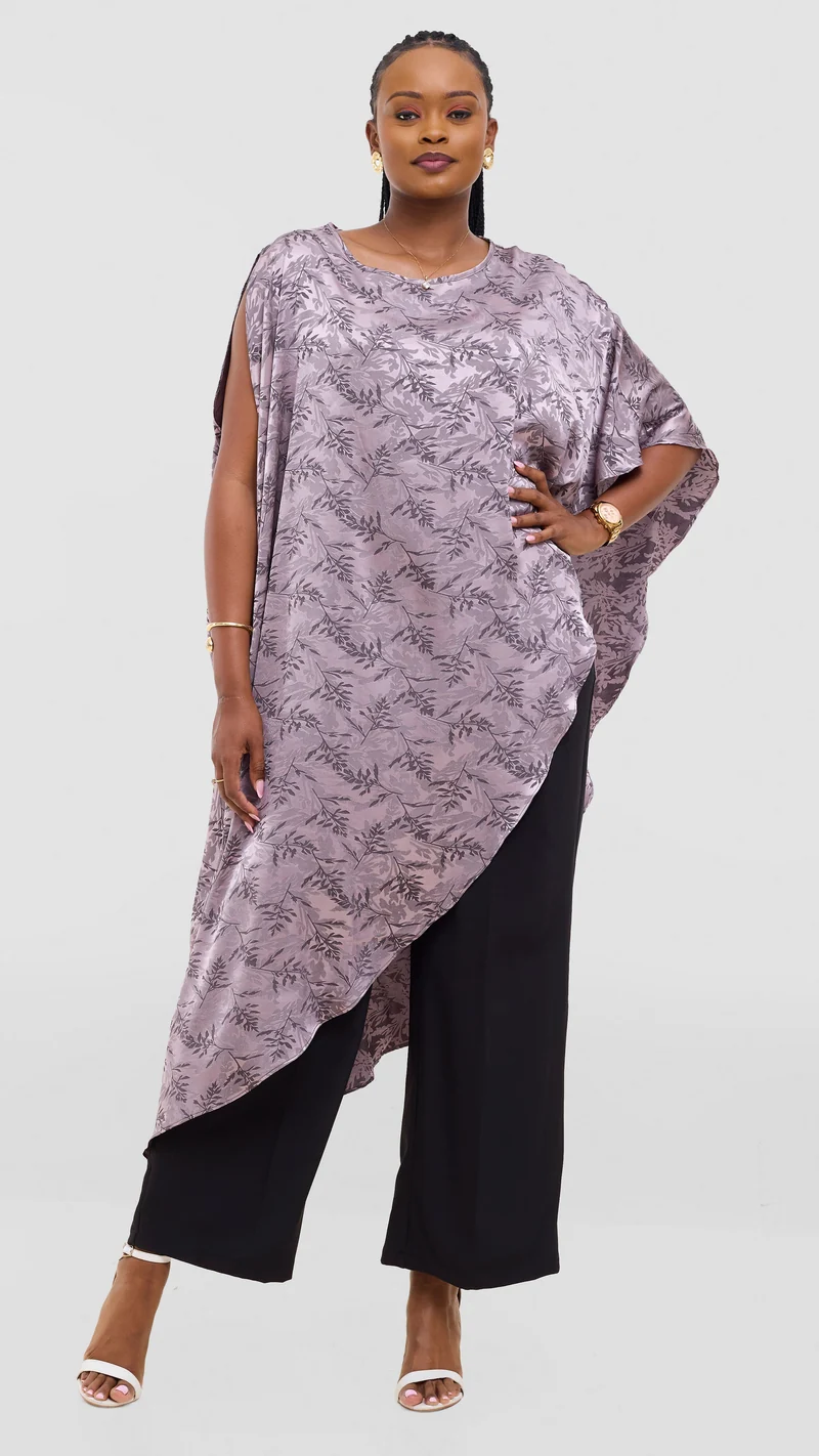 Vivo Liora Asymmetrical Kaftan Top in Satin - Taupe Textured Print