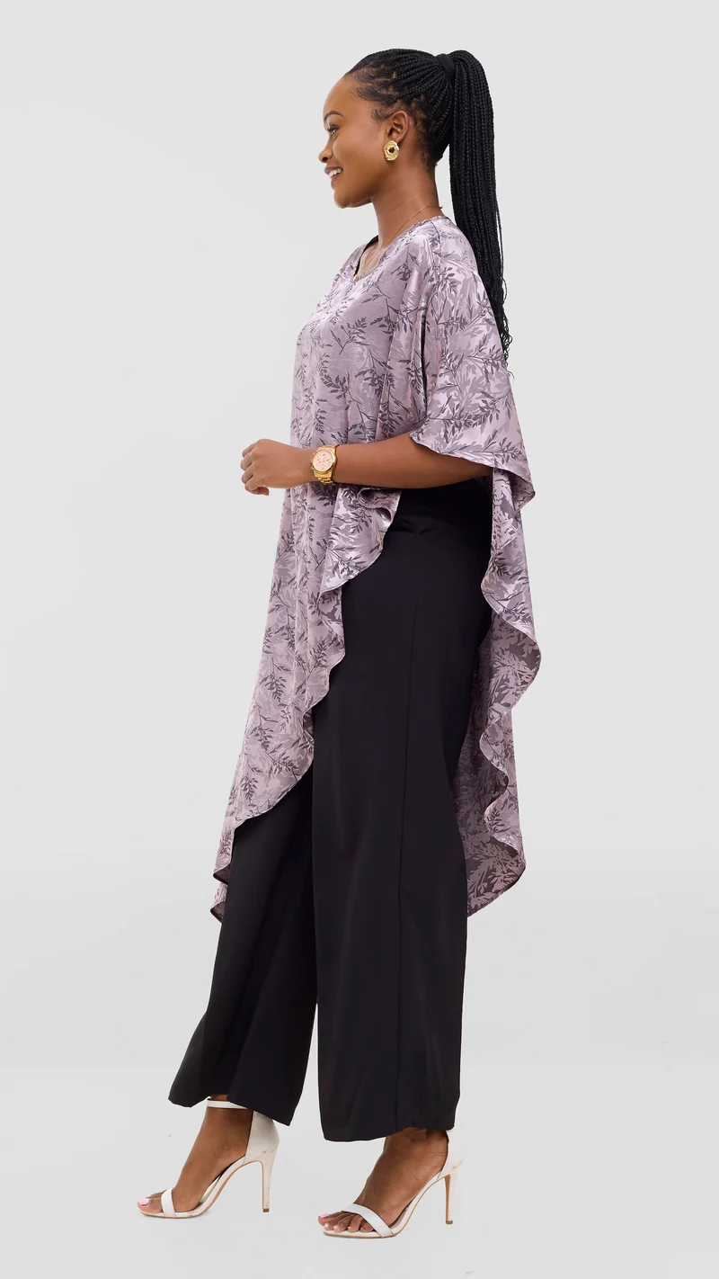 Vivo Liora Asymmetrical Kaftan Top in Satin - Taupe Textured Print