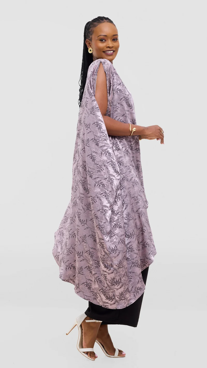 Vivo Liora Asymmetrical Kaftan Top in Satin - Taupe Textured Print