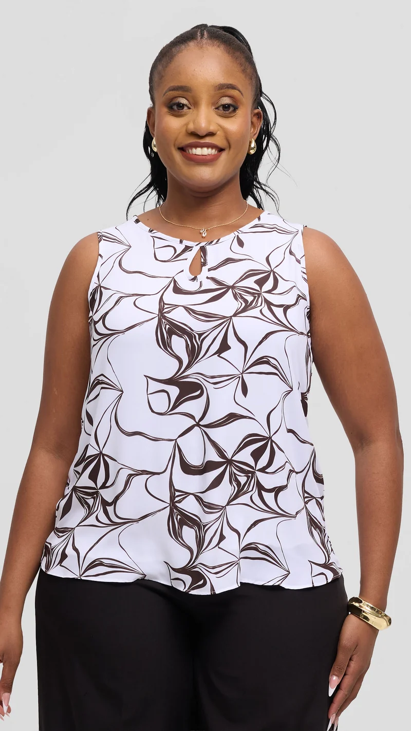 Vivo Sierra Sleeveless Double Layered Top in Chiffon - White / Chocolate Arah Print
