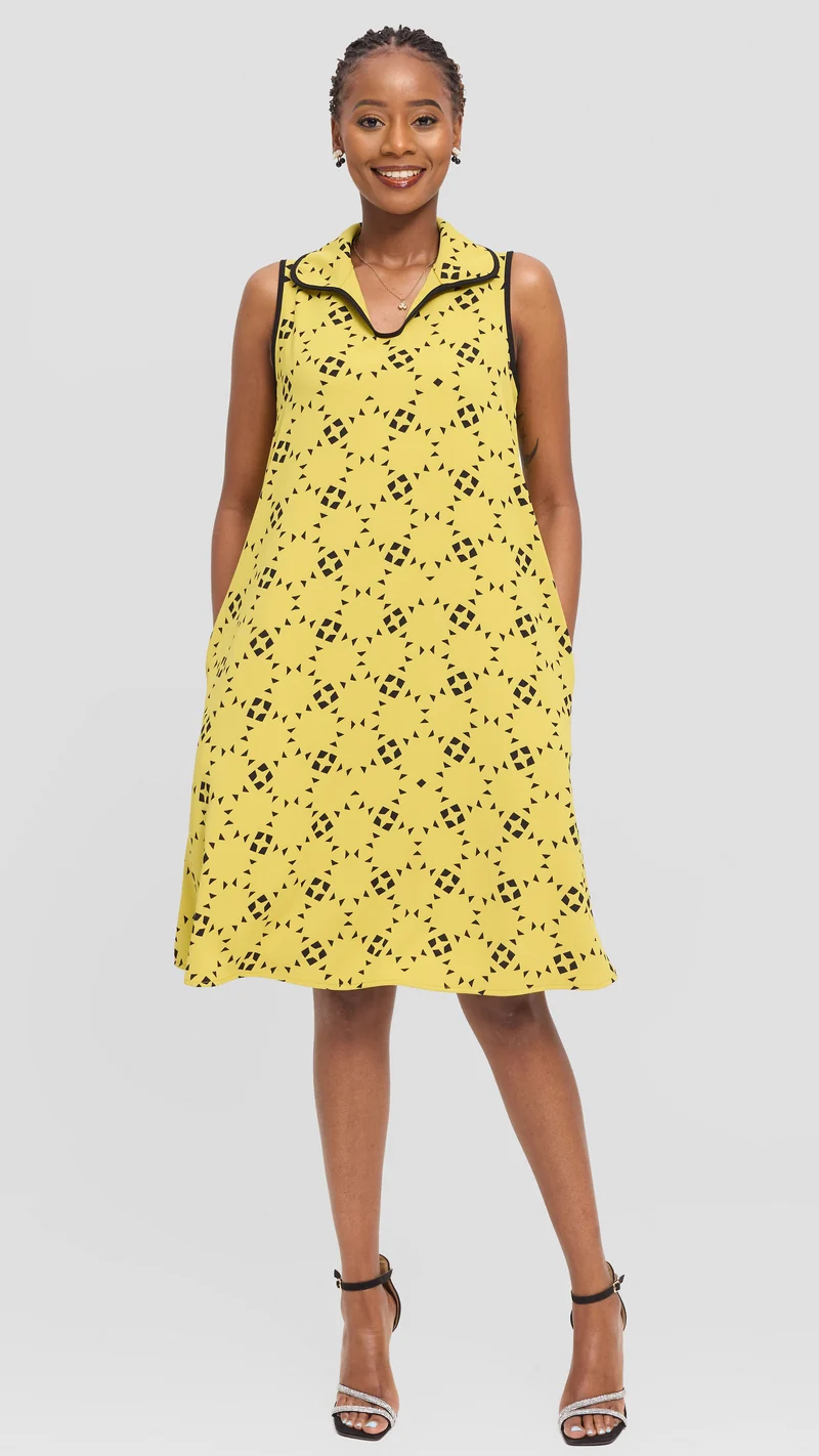 Vivo Asha Sleeveless Knee Length Dress in Twill - Olive / Black Talo Print