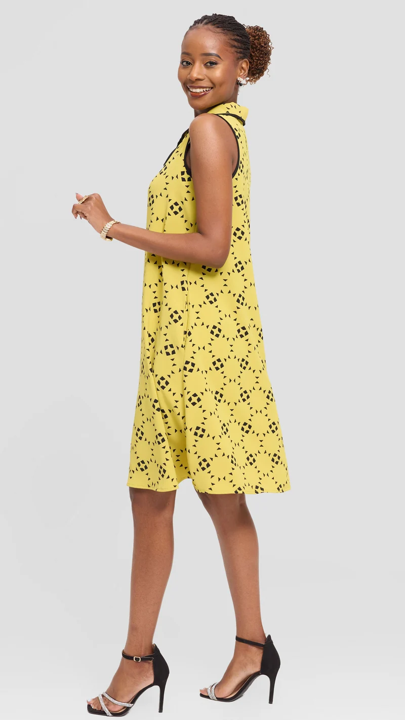 Vivo Asha Sleeveless Knee Length Dress in Twill - Olive / Black Talo Print