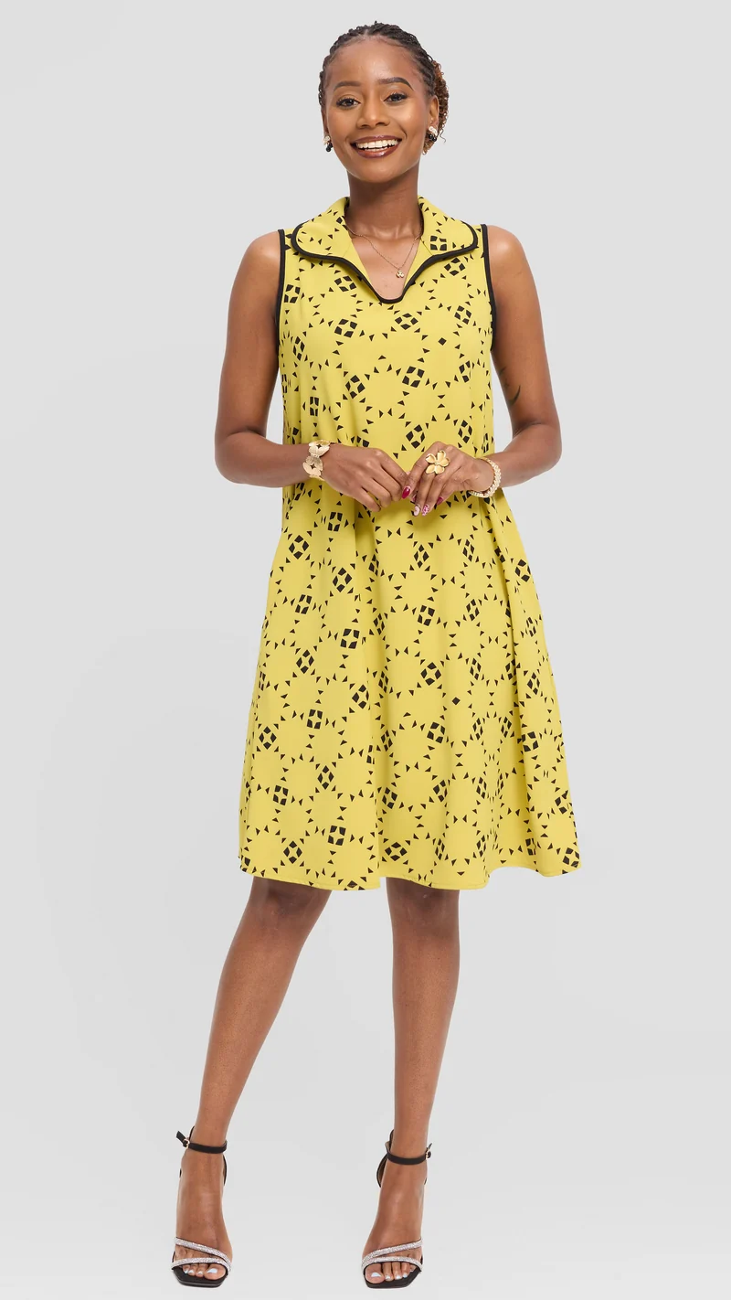 Vivo Asha Sleeveless Knee Length Dress in Twill - Olive / Black Talo Print
