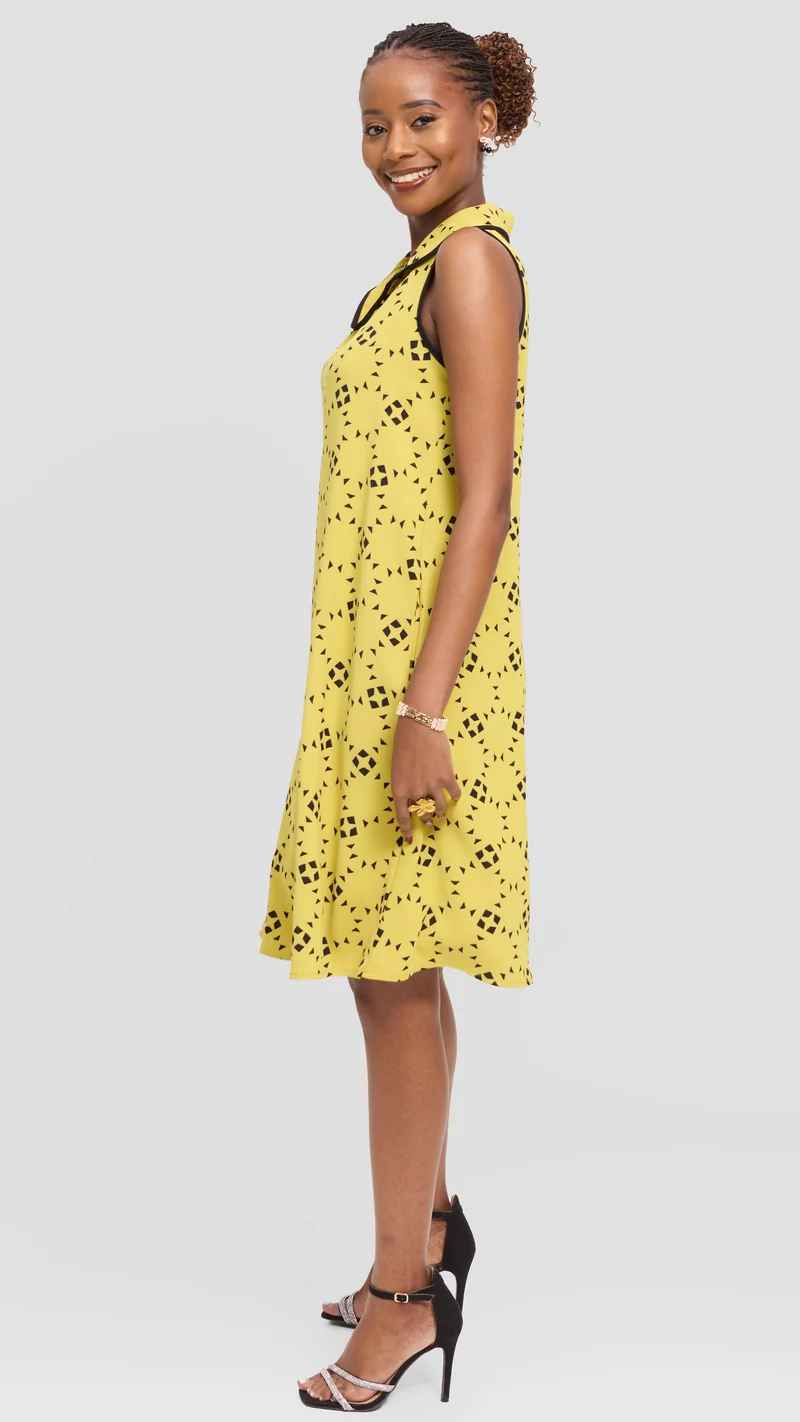 Vivo Asha Sleeveless Knee Length Dress in Twill - Olive / Black Talo Print