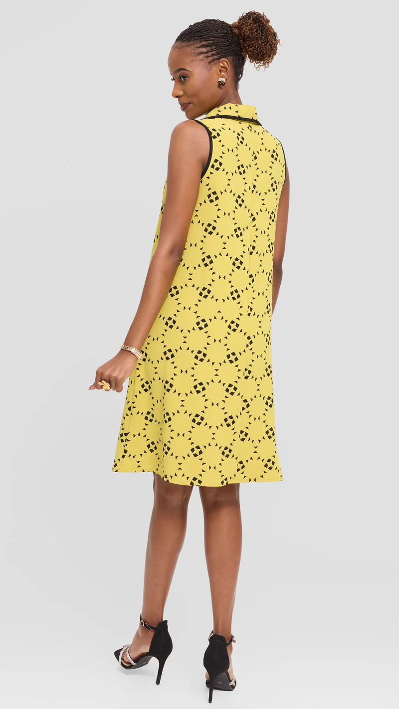 Vivo Asha Sleeveless Knee Length Dress in Twill - Olive / Black Talo Print