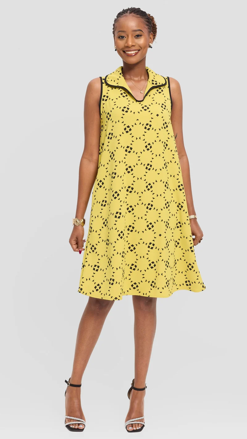 Vivo Asha Sleeveless Knee Length Dress in Twill - Olive / Black Talo Print