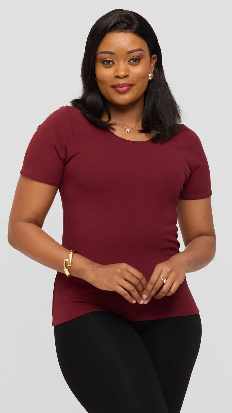 Vivo Basic Short Sleeve Top in Jersey - Burgundy