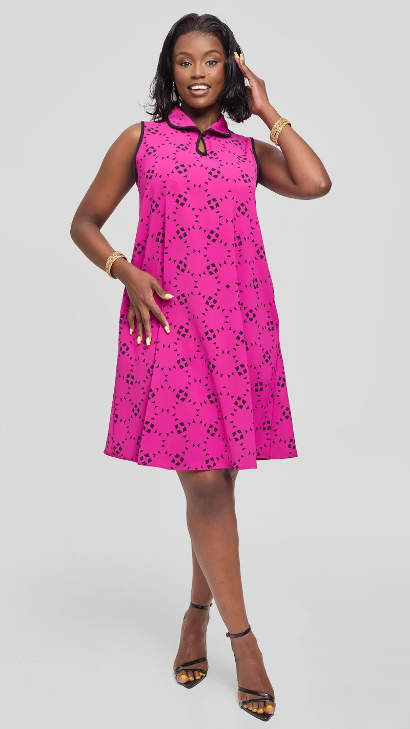 Vivo Asha Sleeveless Knee Length Dress in Twill - Fuschia / Black Talo Print