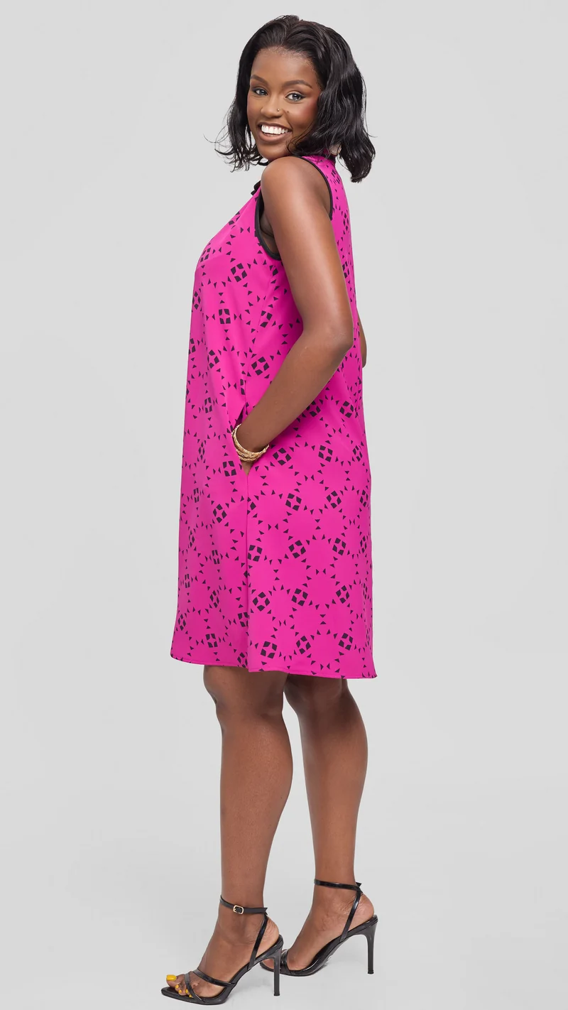 Vivo Asha Sleeveless Knee Length Dress in Twill - Fuschia / Black Talo Print